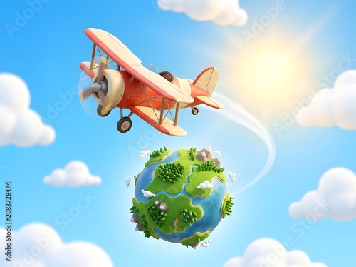 Global Adventure A Charming Biplane Soaring Above a Miniature World