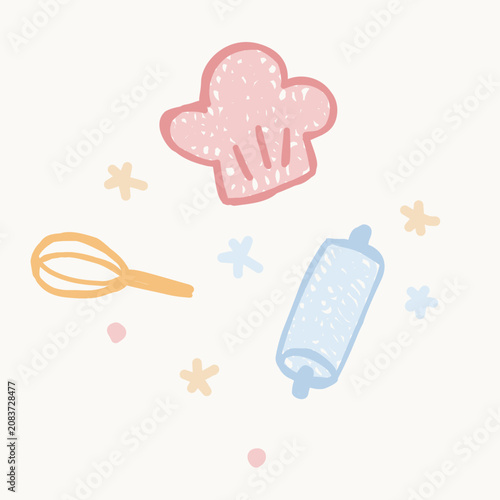 Foto Cute hand drawn baking tools cluster with chef hat whisk and rolling pin isolate