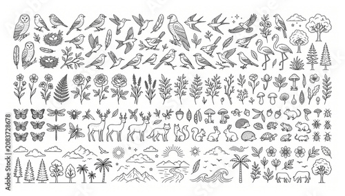 Foto Hand drawn nature elements birds animals trees and flowers vector set with wildl