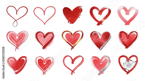 Diverse Collection of Red and Pink Heart Shapes, Isolated White Background, Romantic Love Symbols