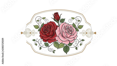 Elegant Vintage Floral Frame with Red and Pink Roses, Green Leaves, Isolated White Background