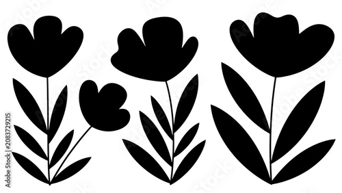 Modern Stylized Black Silhouette Flowers and Leaves, Isolated White Background, Simple Floral Design