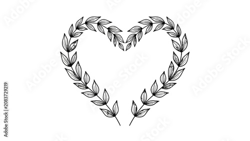 Elegant Black Outline Leaves Forming Heart Shape Wreath, Isolated White Background, Minimalist Love Symbol