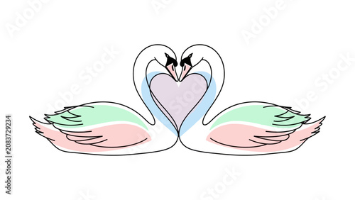 Gentle Pastel Color Swans Forming Heart, Isolated White Background, Dreamy Romantic Symbol