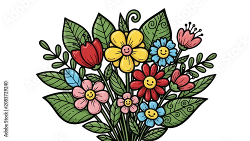 Vibrant Colorful Doodle Style Flower Bouquet, Isolated White Background, Cheerful Floral Illustration