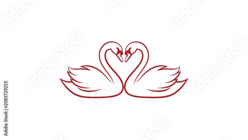 Elegant Red Outline Swans Forming Heart, Isolated White Background, Romantic Love Symbol