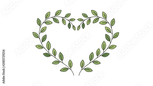 Fresh Green Leaves Forming Heart Shape Wreath, Isolated White Background, Natural Love Symbol