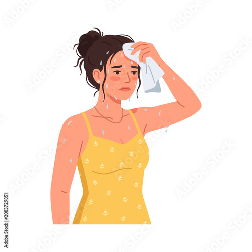Illustration of a Young Woman Feeling Hot and Sweaty Wiping Her Forehead with a Tissue