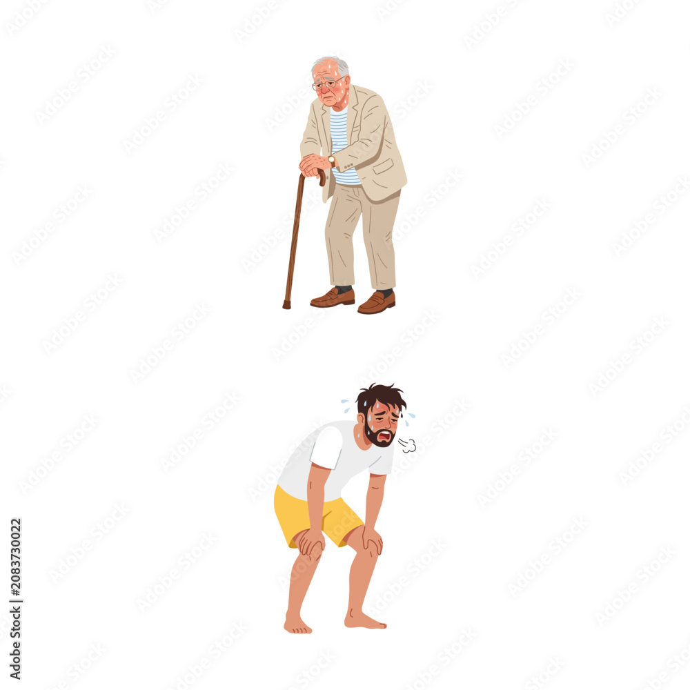 Fototapeta premium Illustration of an Elderly Man Leaning on a Walking Cane and a Tired Exhausted Athlete