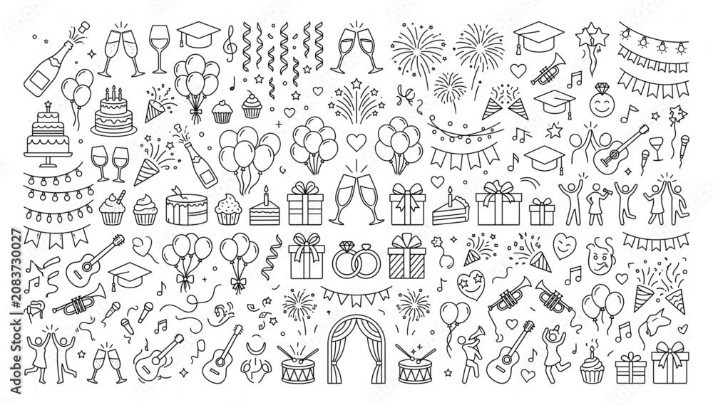 Fototapeta premium Celebration and festive party icon set featuring music graduation wedding event elements celebration graduation balloons anniversary instruments fireworks champagne congratulations