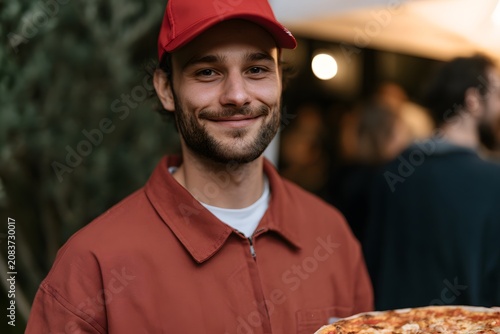 Pizza courier holding fresh takeaway pizza. Happy young man wearing uniform and red cap working in food delivery service. Professional worker providing fast service to hungry customer.