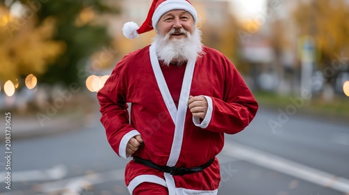 Santa Claus running through city street. Cheerful man wearing costume for Christmas holiday fitness event. Concept of active lifestyle, sport challenge and festive celebration outdoor.