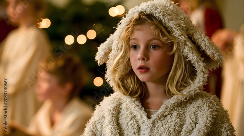 Little girl in lamb costume for Christmas nativity play. Child actor in shepherd outfit performing on stage during holiday school pageant. Traditional winter season church community event.