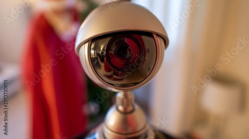 Security camera with dome lens recording indoors. Smart home monitoring system for safety. Technology for surveillance and protection of residential house. Digital equipment for privacy.