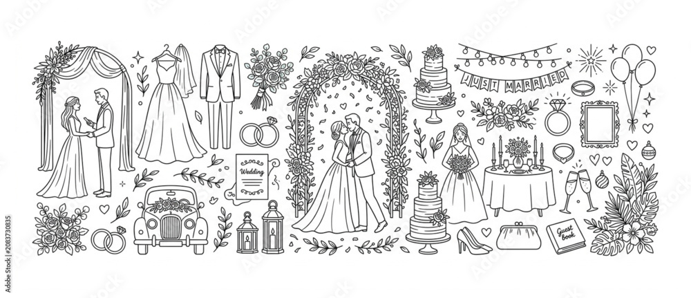 Obraz premium Wedding ceremony doodle illustration set with couple arch cake bouquet and romantic love elements marriage ceremony proposal invitation celebration champagne anniversary romantic ornament