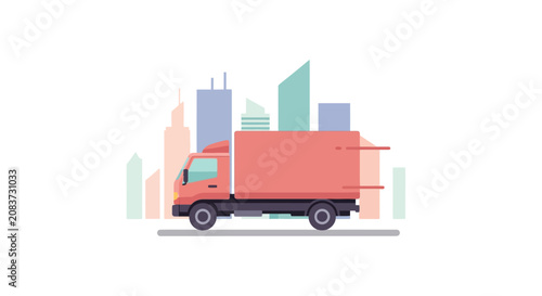 Fast red delivery truck driving through a modern city, illustrating quick shipping, logistics, and urban transport for e-commerce and express courier services.