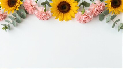 Sunflowers and pink carnations with eucalyptus on a white background.