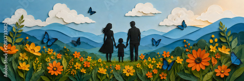 Family in a colorful paper cutout landscape with flowers and butterflies