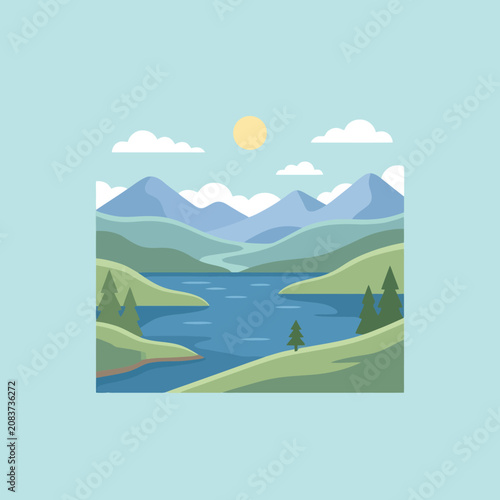 Flat vector landscape with blue mountains and a lake