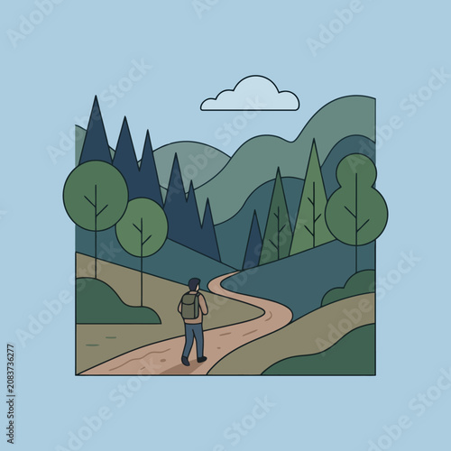 A lone hiker walks along a winding mountain path