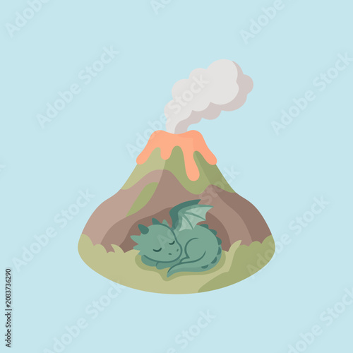 A small green dragon sleeps peacefully near a smoking volcano peak