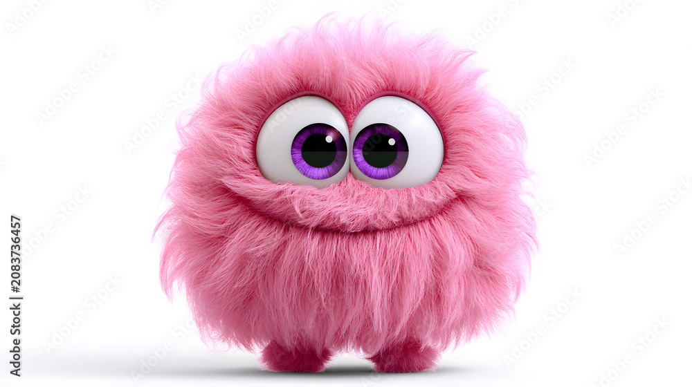 Obraz premium A cute, soft, pink cartoon monster with large purple eyes and a welcoming smile on a white backdrop