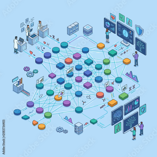 A digital network showing medical research and data analysis processes