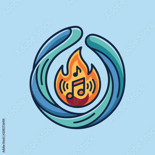 A vibrant musical note icon surrounded by a stylized flame
