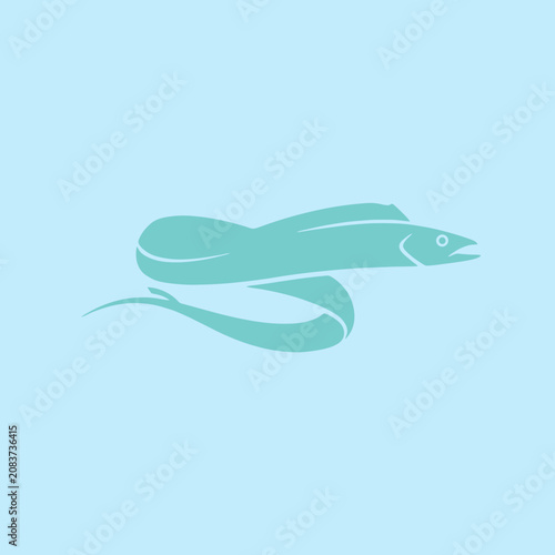 A teal moray eel silhouette swims on a light blue background