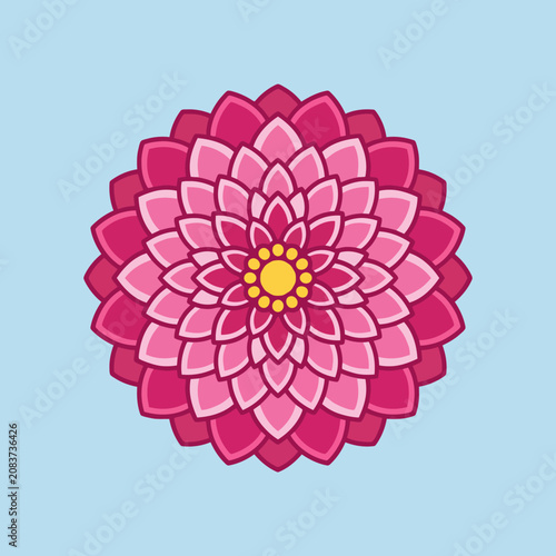 A vibrant pink dahlia flower illustration on blue