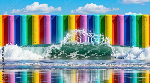 Colorful wall with rainbow columns meets ocean waves. Blue sky with clouds above. Water splashes and reflects bright colors. Dynamic seaside scene.
