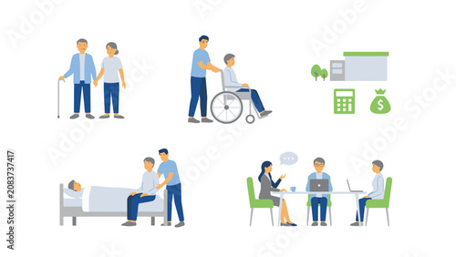Obraz na plátně Care for elderly people and medical assistance illustration set