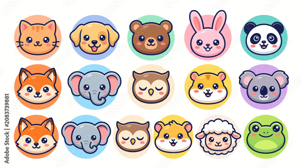 Obraz premium Set of cute cartoon animal faces in vibrant circular frames for creative graphic design projects