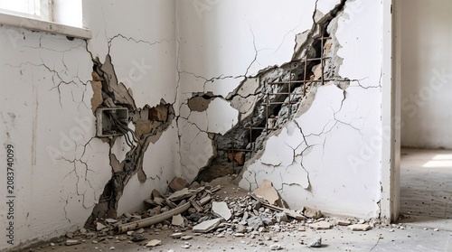 Major structural fracture on a white interior corner wall with crumbling concrete and exposed steel reinforcement grid, concept of building collapse and construction failure