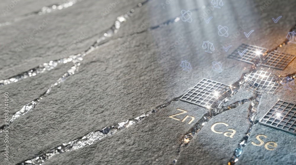 Fototapeta premium Luxury Mineral Therapy and Geology Grid Interface with Gold and Platinum Inlay on Crystalline Grey Stone Slab