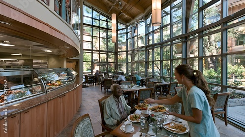 Female server delivers food to an elderly man in a modern senior living dining hall with large windows