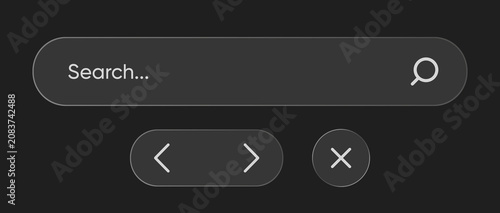 Dark glass UI search bar with search icon. microphone and camera scan buttons for modern app interface. voice search. visual search. website header. mobile design and vector user interface element