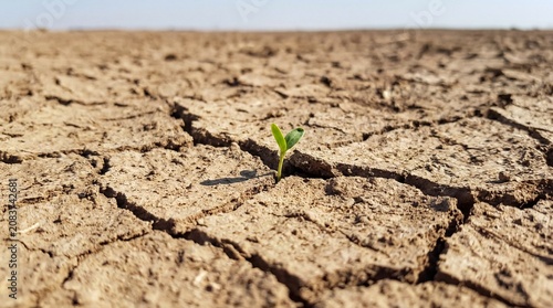drought impact, a solitary green shoot breaks through the parched, cracked earth of a dry field