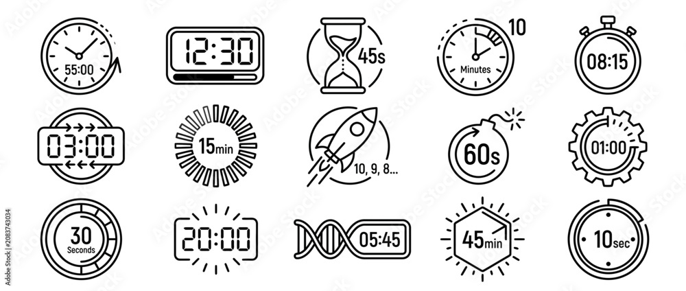 Fototapeta premium Set of Minimalist Time Management and Countdown Timer Line Icons