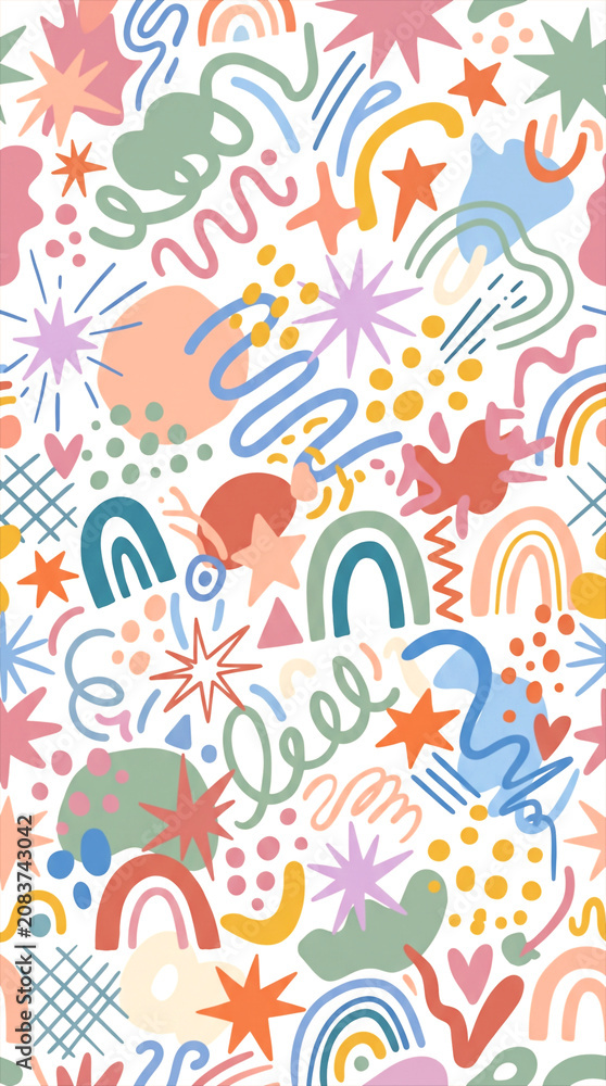 Obraz premium Playful Abstract Seamless Pattern with Hand-Drawn Whimsical Shapes, Stars, Rainbows, and Dots in a Modern Pastel Color Palette. Cheerful Digital Illustration for Kids, Fashion, and Backgrounds.