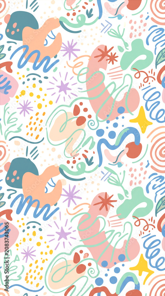 Fototapeta premium Vibrant Abstract Seamless Pattern with Organic Hand-Drawn Shapes, Squiggles, and Dots in Pastel Colors on White Background – Playful Modern Artistic Design Element