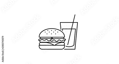 Minimalistic illustration of a hamburger and a drink with a straw, black lines on white background