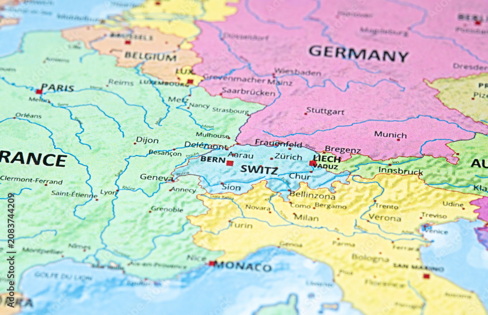 Fototapeta premium Detailed map of Western Europe showing France, Switzerland, Germany, and Italy