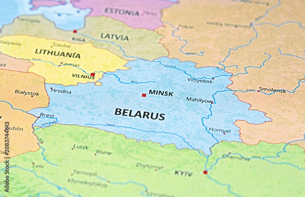 Fototapeta premium Map of Belarus and surrounding Eastern European countries with capital Minsk highlighted