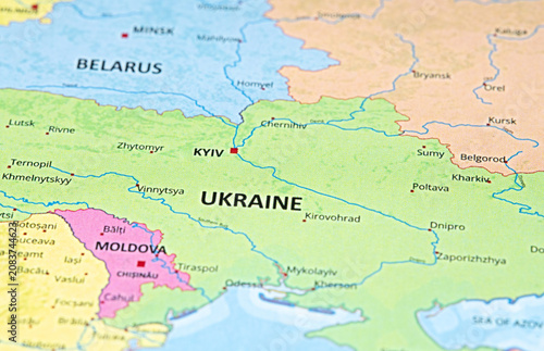 Фотография Detailed map of Ukraine and surrounding Eastern European countries with major ci