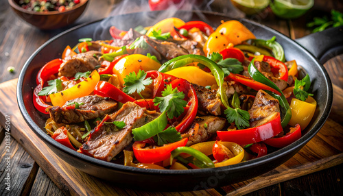 Sizzling Fajitas with Steak and Colorful Bell Peppers in a Skillet.