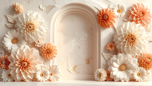 Elegant Floral Archway with Delicate Dahlia and Daisy Arrangements.