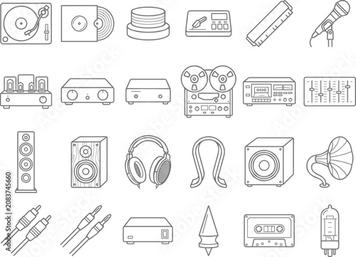Photos Audio Equipment Thin Line Icons Set High Fidelity Sound Devices Collection