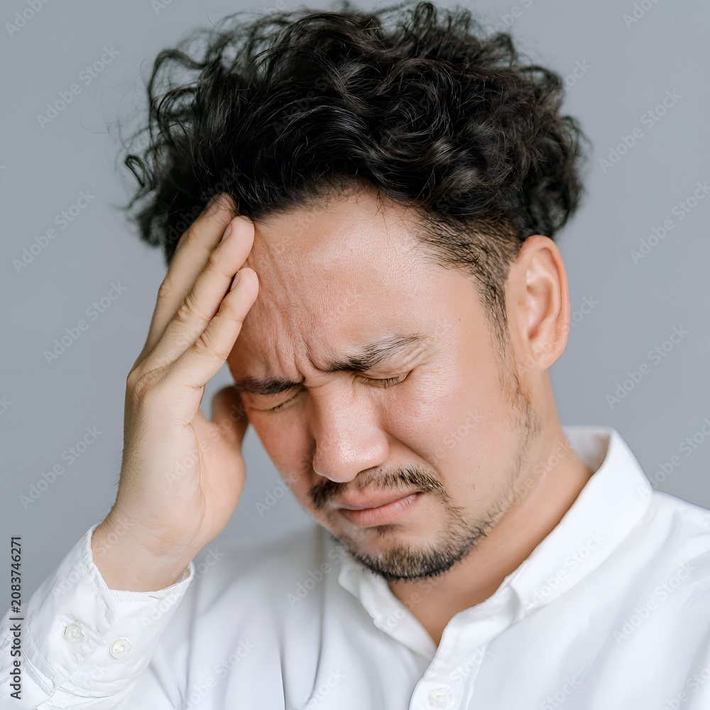 Fototapeta premium A man suffering from a severe headache, pressing his temple with his hand and grimacing in pain