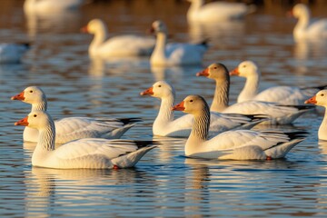 Group of snow geese swim on lake water at sunset. White birds with orange beaks glide peacefully. Flock of wildfowl congregates on calm river surface reflecting golden light.